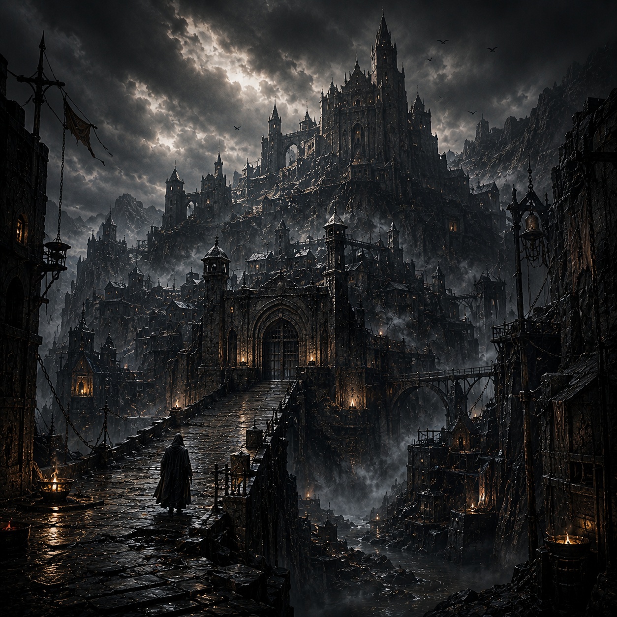 A lone cloaked figure approaches a vast gothic gateway, lanterns and chains lining the path, a dark citadel rising into stormy skies above