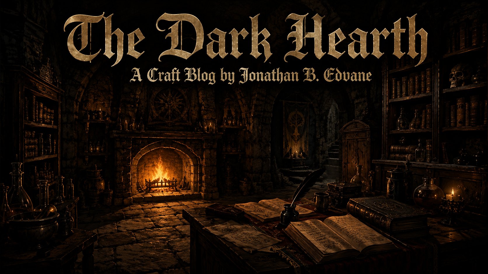 Dark fantasy painting of a cavernous stone study lit by a roaring hearth fire. Bookshelves line the walls disappearing into shadow, open manuscripts and a quill on a desk in the foreground, candlelight catching glass vessels and ancient tomes, a mysterious doorway visible at the back of the chamber.