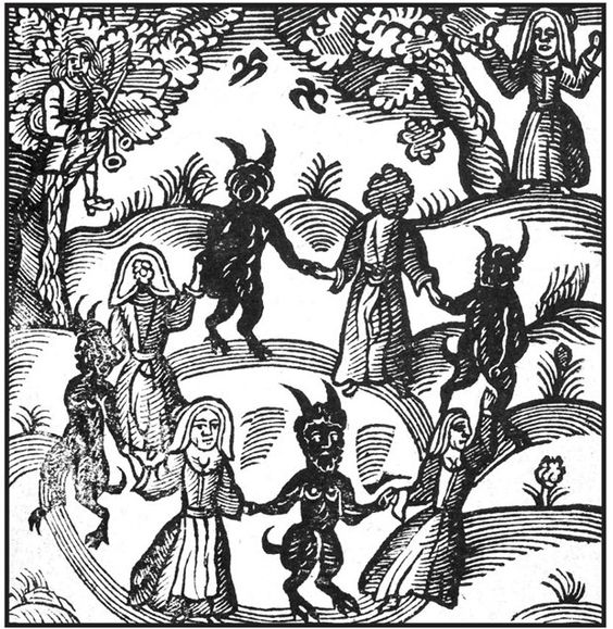 Old woodcut of a ring of dancing figures in a hilly landscape, cloaked women alternating hands with horned, hooved devil figures, a piper seated in a tree above holding a key, and a separate woman standing apart with one arm raised