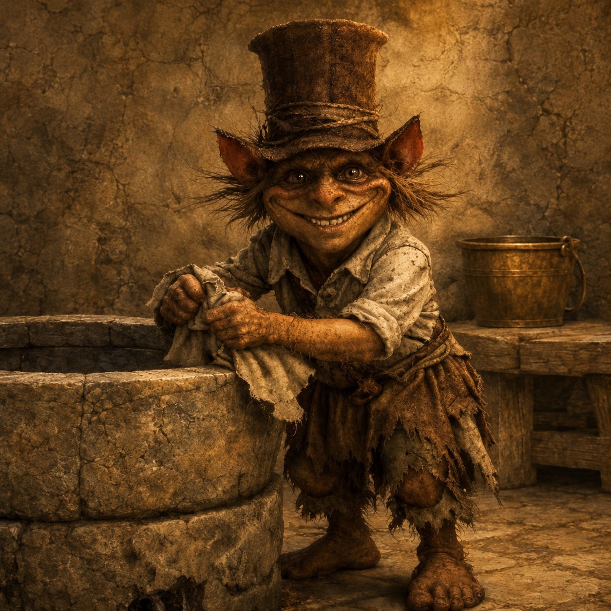 A small goblin-like creature with pointed ears and a battered tall hat crouches at a stone basin, holding a rag, a brass bucket visible on the bench behind it