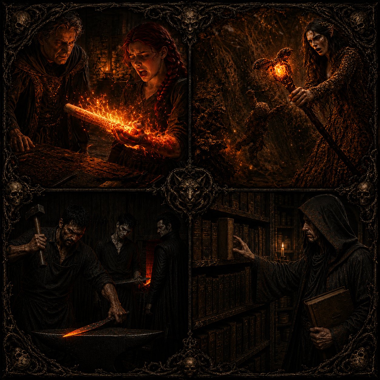 Four dark fantasy scenes in quadrants showing contrasts between hard and soft magic systems