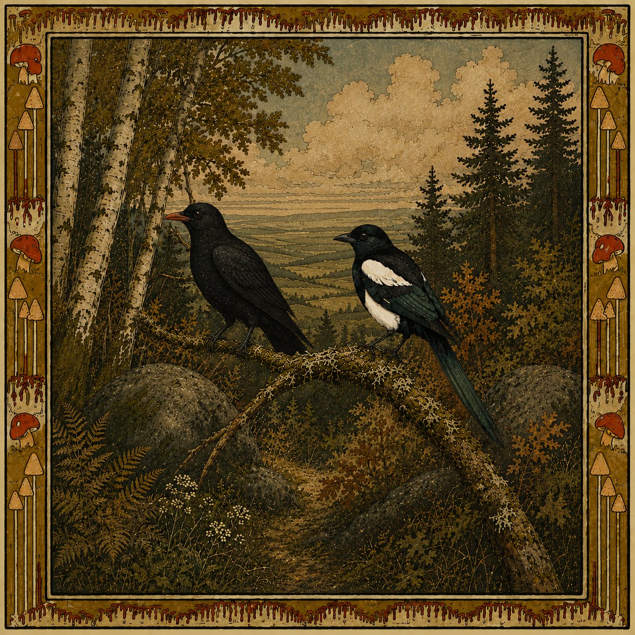 A chough and a magpie perched on mossy stones at a woodland edge, looking at one another. The scene is framed by an ornamental border of mushrooms and dripping resin in the style of a vintage natural history plate.