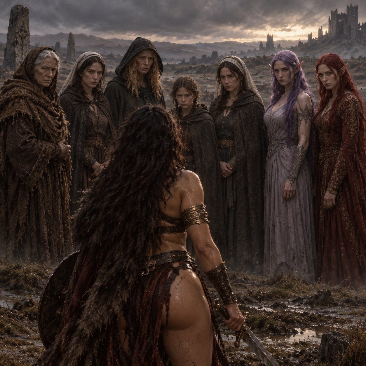 Four women in a dark fantasy landscape