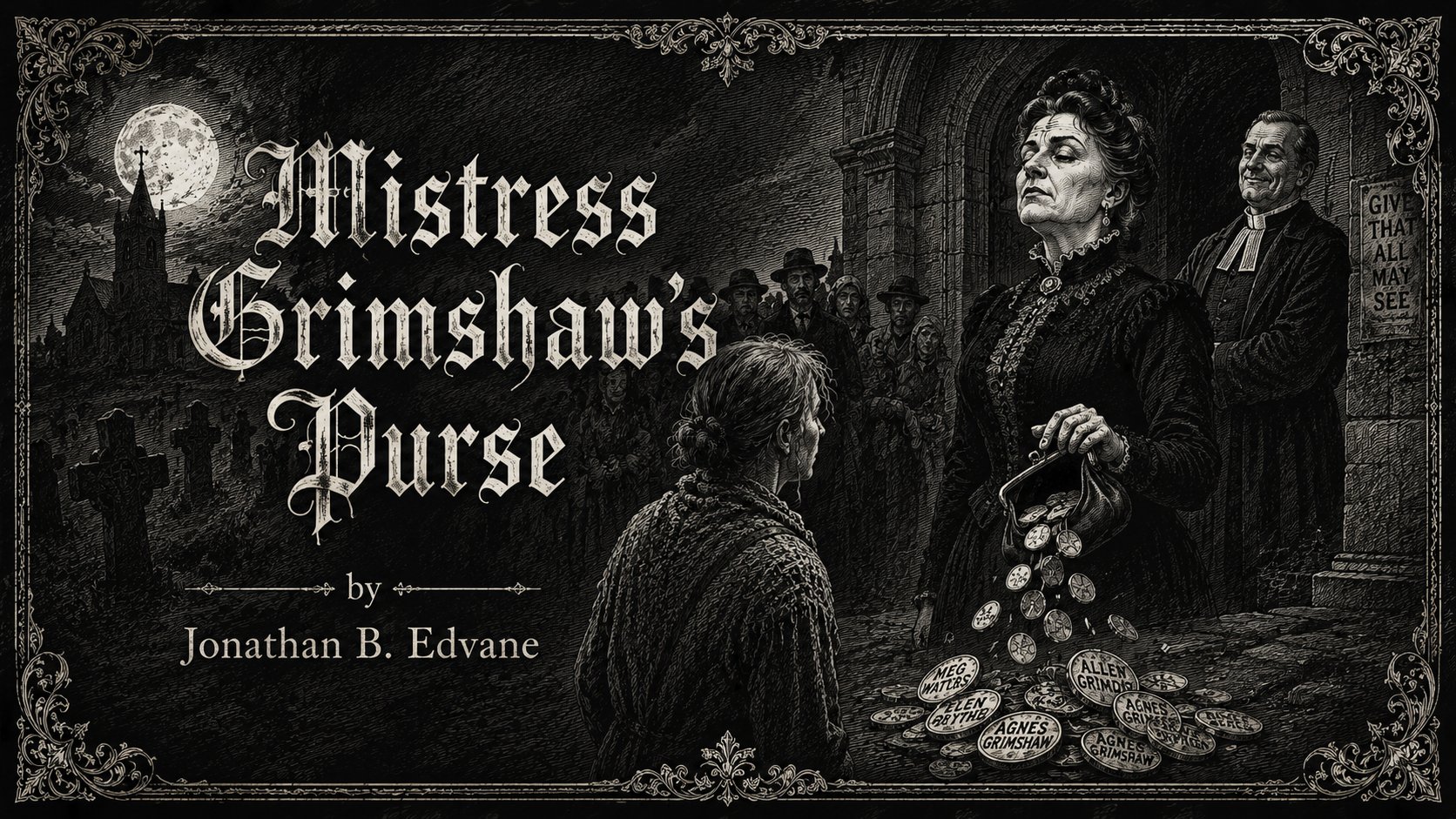 Title plate for Mistress Grimshaw's Purse by Jonathan B. Edvane. A proud Victorian woman pours named coins from a black purse before a kneeling widow beneath a church arch, with a smiling rector and silent parishioners looking on.