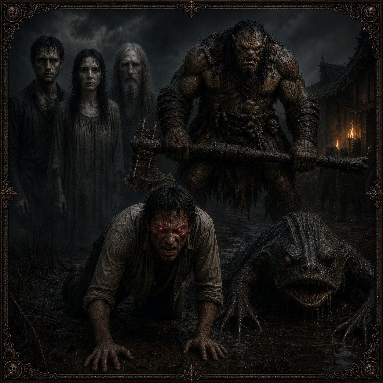 Dark fantasy scene depicting monstrous creatures alongside human figures in a grim, rain-soaked landscape