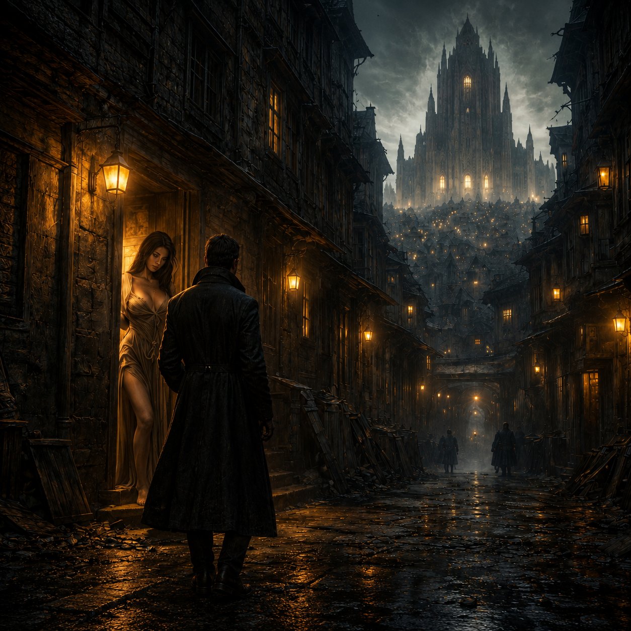 A man in a long dark coat stands in a rain-wet lower-ward street, his back turned, facing a woman lit gold in a lamplit doorway, her dress slipping from one shoulder. Behind them the street climbs toward Streindarke's towering, spire-crowned inner city under a dark sky