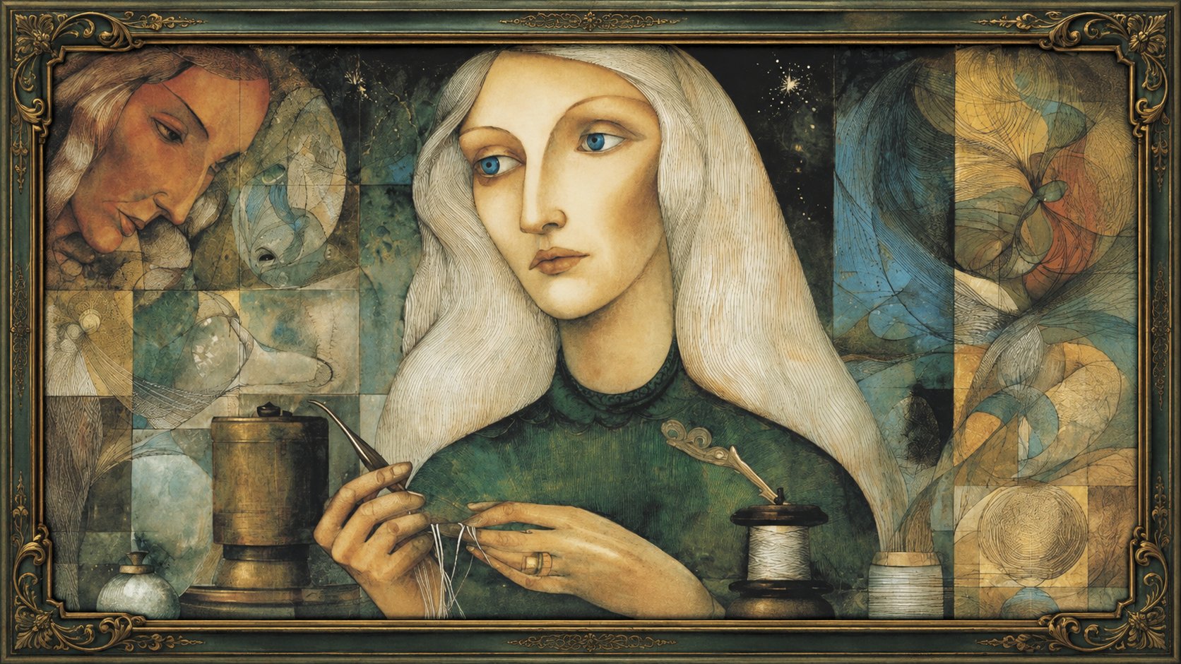 Title plate artwork by Audrey Penn for She Mended Everything by Jonathan B. Edvane.