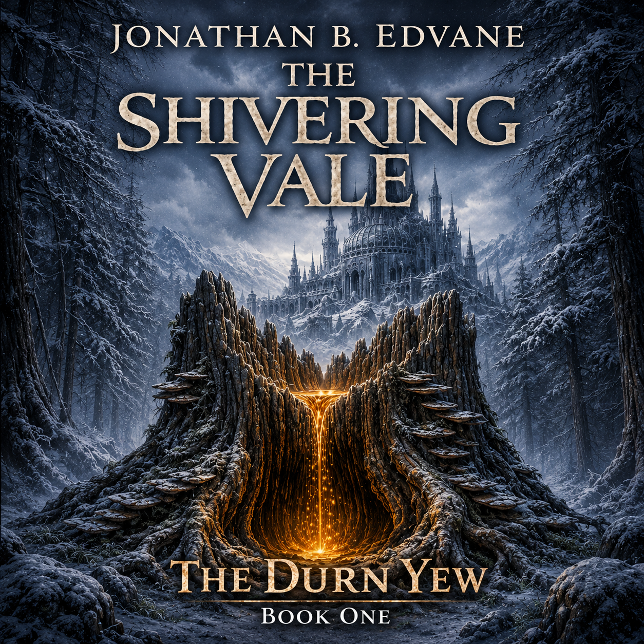 Cover art for The Shivering Vale by Jonathan B. Edvane. A massive ancient tree stump split open at its crown glows with golden light from within, set against a snow-covered dark forest with a vast gothic castle rising on a mountain in the background