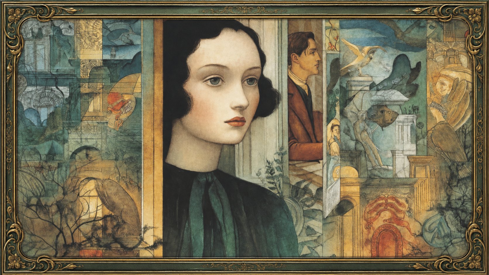 Title plate artwork by Audrey Penn for The Advancing by Jonathan B. Edvane. A woman in a late Victorian interior observes a dim parlour, pencil marks visible on the floorboards beside a shadowed form.