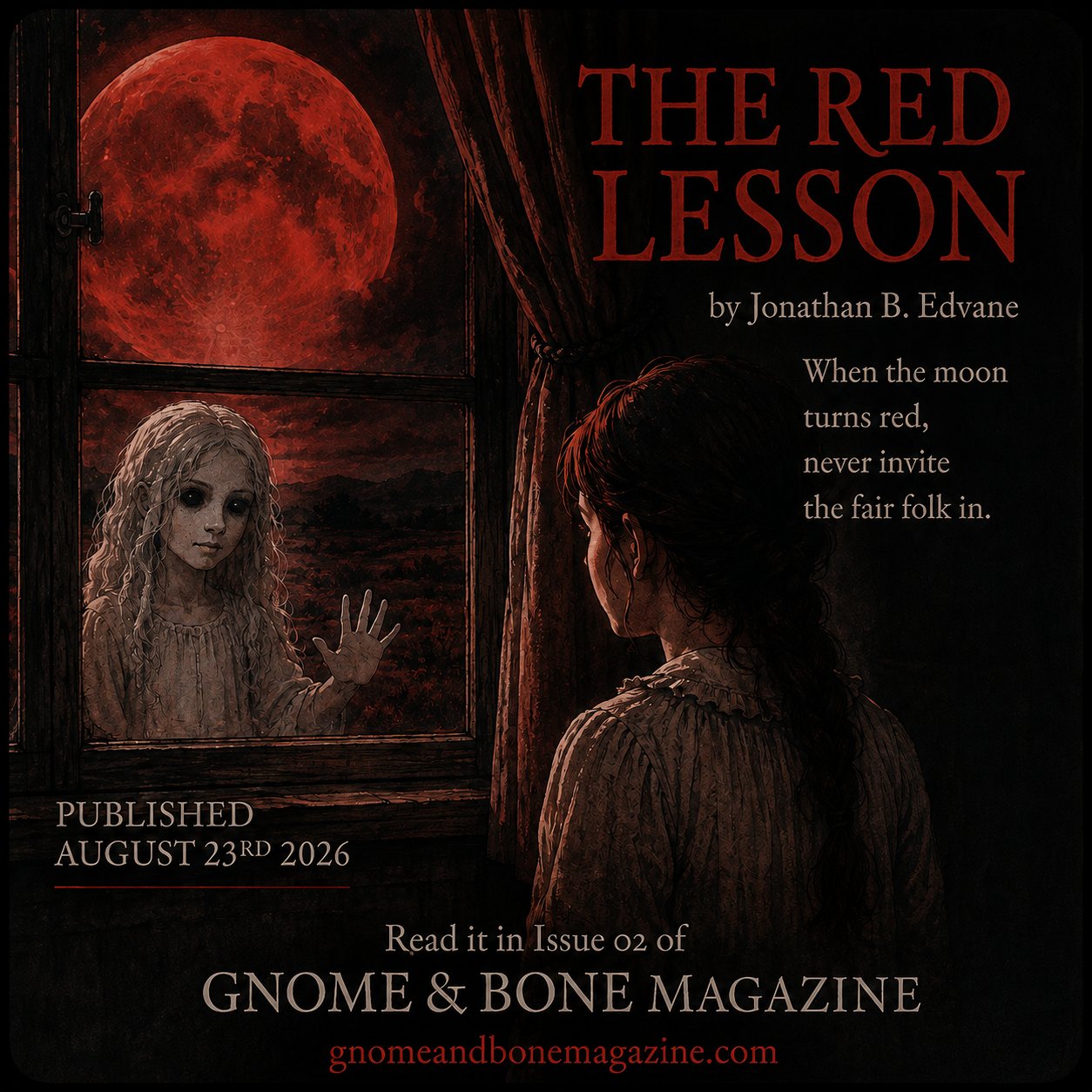The Red Lesson by Jonathan B. Edvane. A young girl presses her hand against a window while behind her, beneath a blood moon, a pale figure from the fair folk looks in. Published August 23rd 2026 in Issue 02 of Gnome and Bone Magazine.