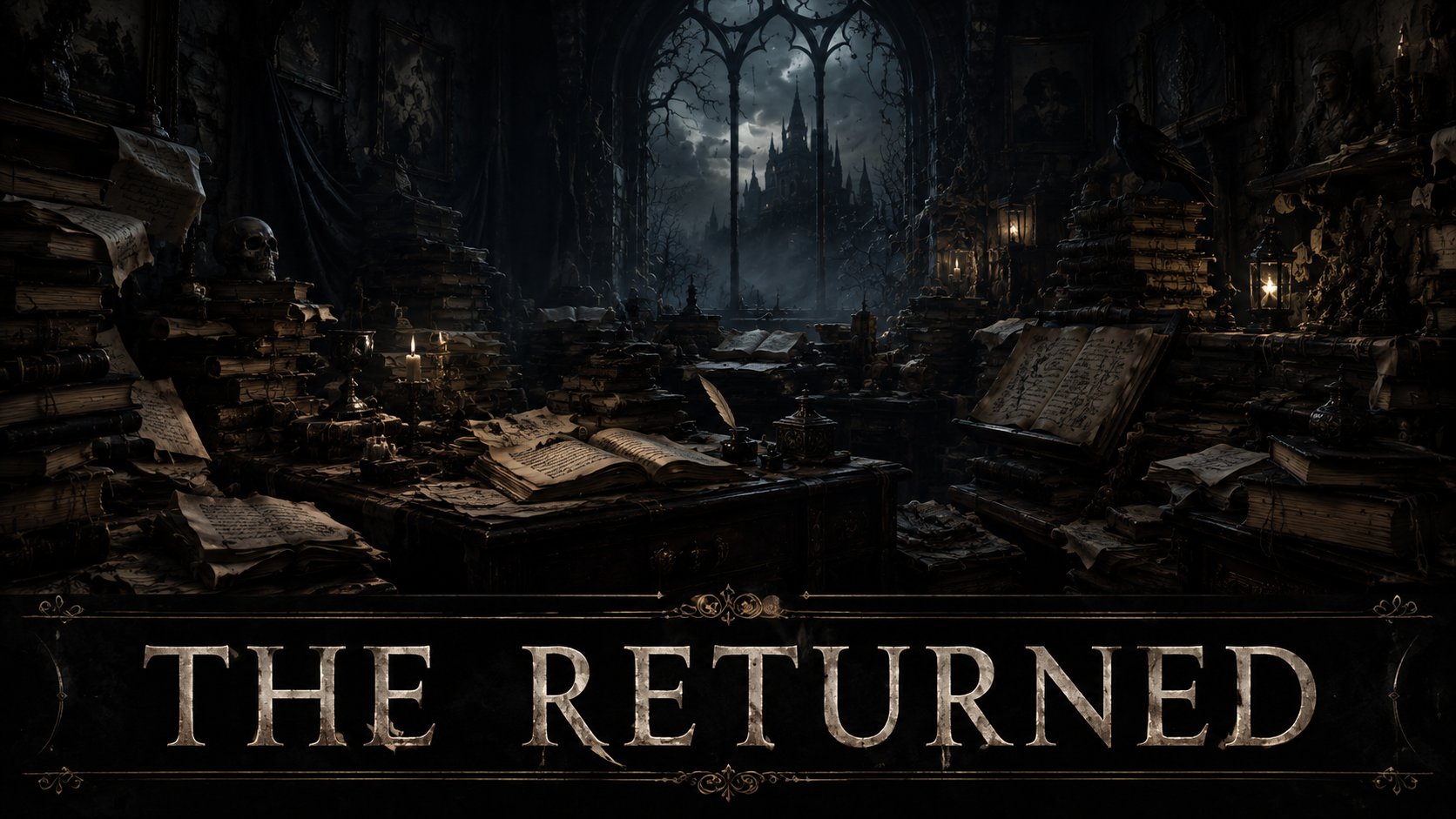 A dimly lit writing desk scattered with manuscript pages, an envelope unsealed, a candle burning low. The atmosphere of something sent out and come back.