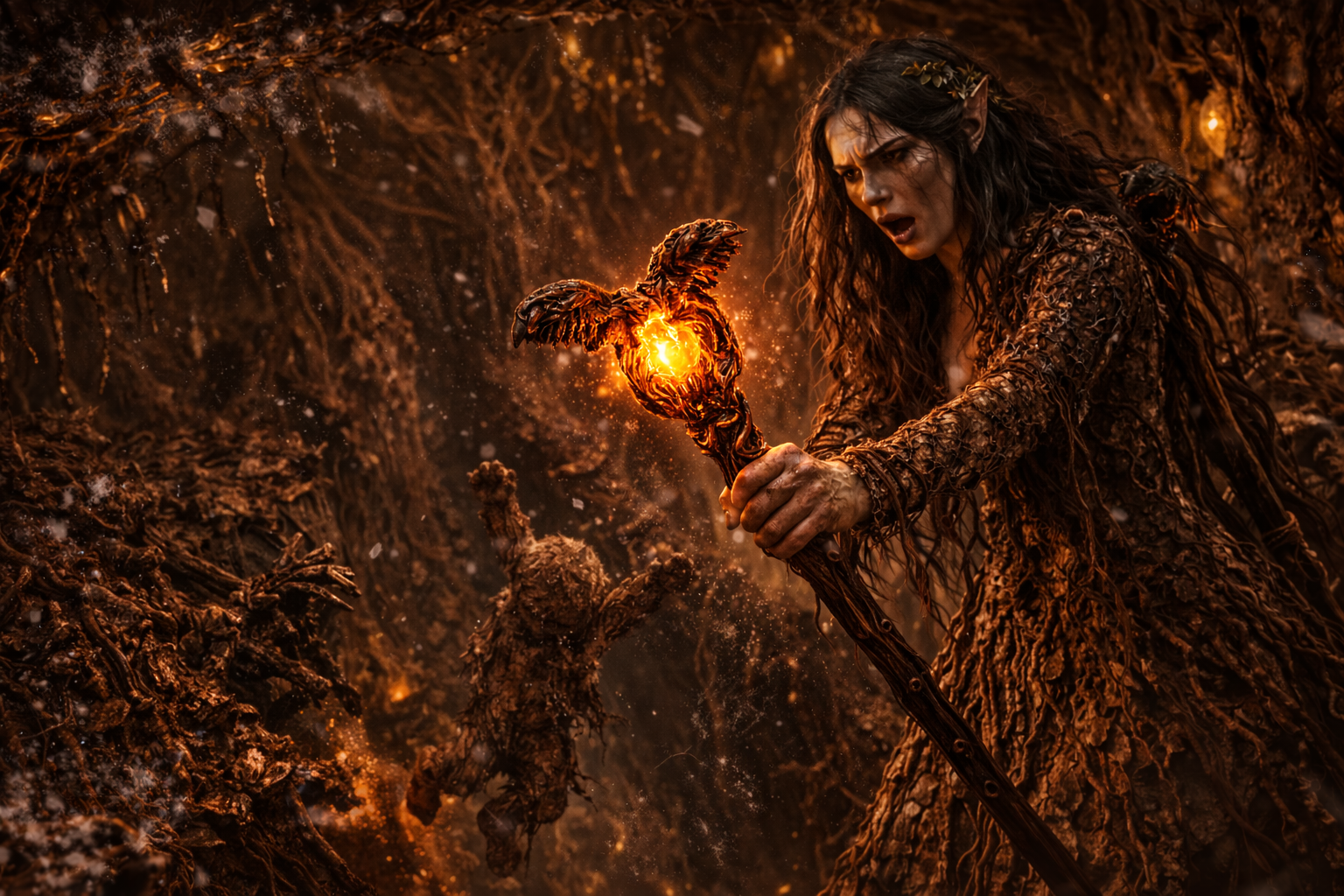 A dryad in a root cavern raising a glowing staff, illustrating dark fantasy magic that exacts a price