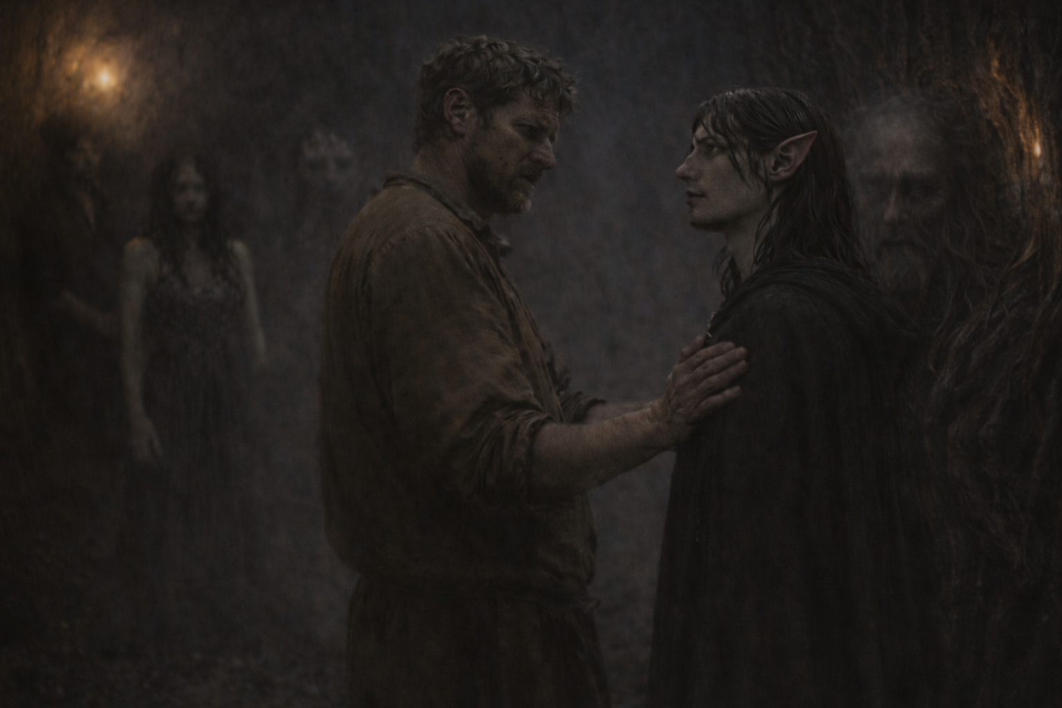 A mortal and a fae parting in a dark chamber while the ghosts of broken promises gather in the walls