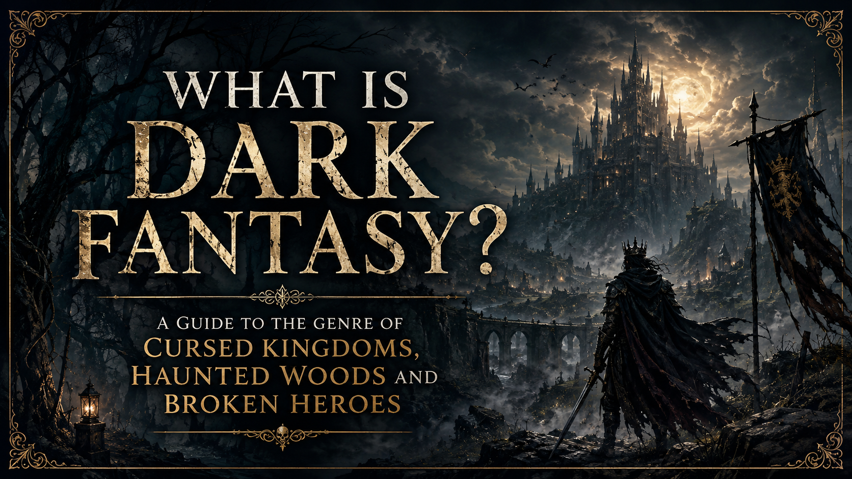 Dark fantasy guide title image showing a broken hero before a cursed moonlit kingdom and haunted woods