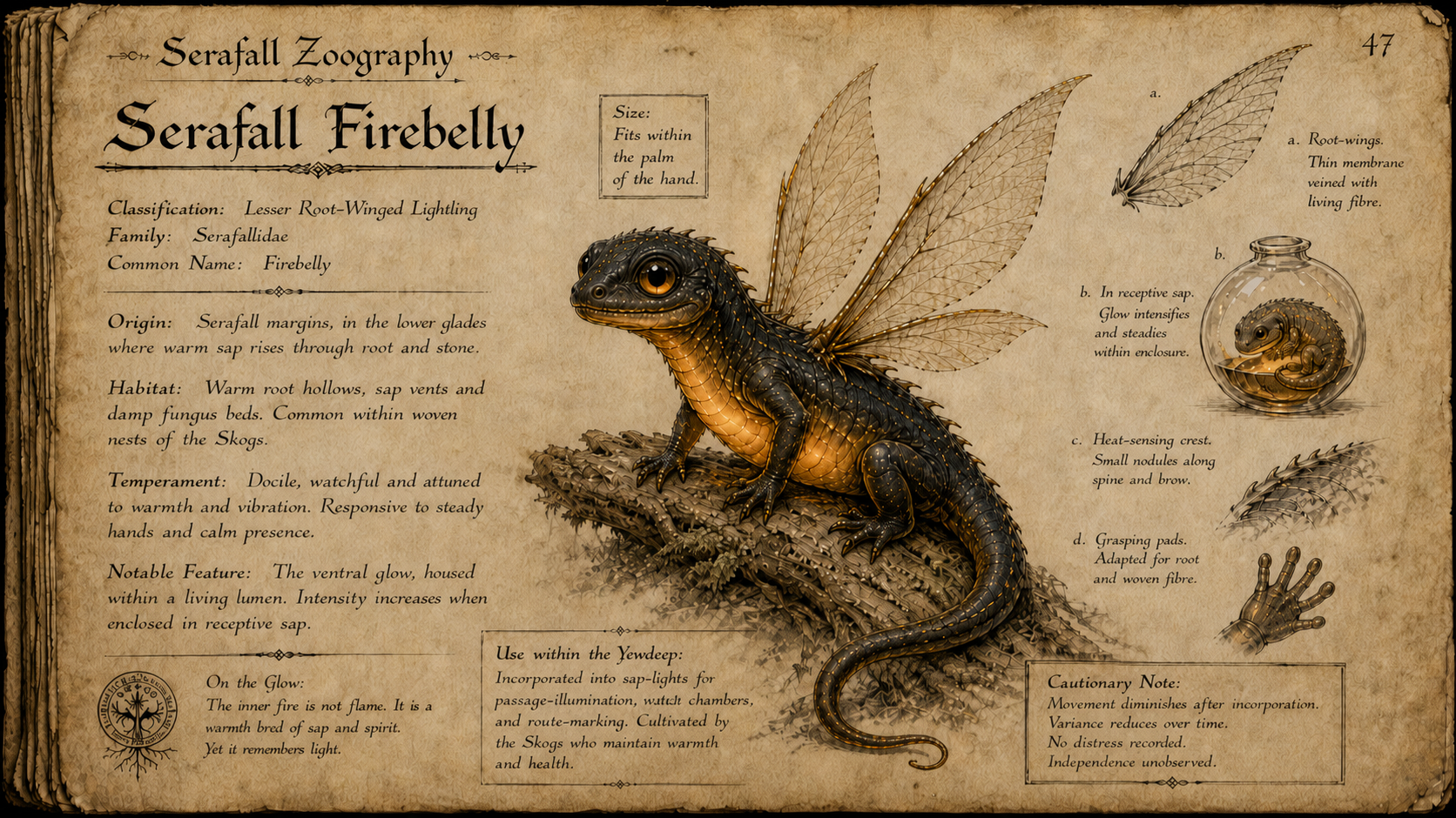 A facsimile bestiary page describing the Serafall Firebelly, a sprite sealed into lamps in Tales from the Woldwood
