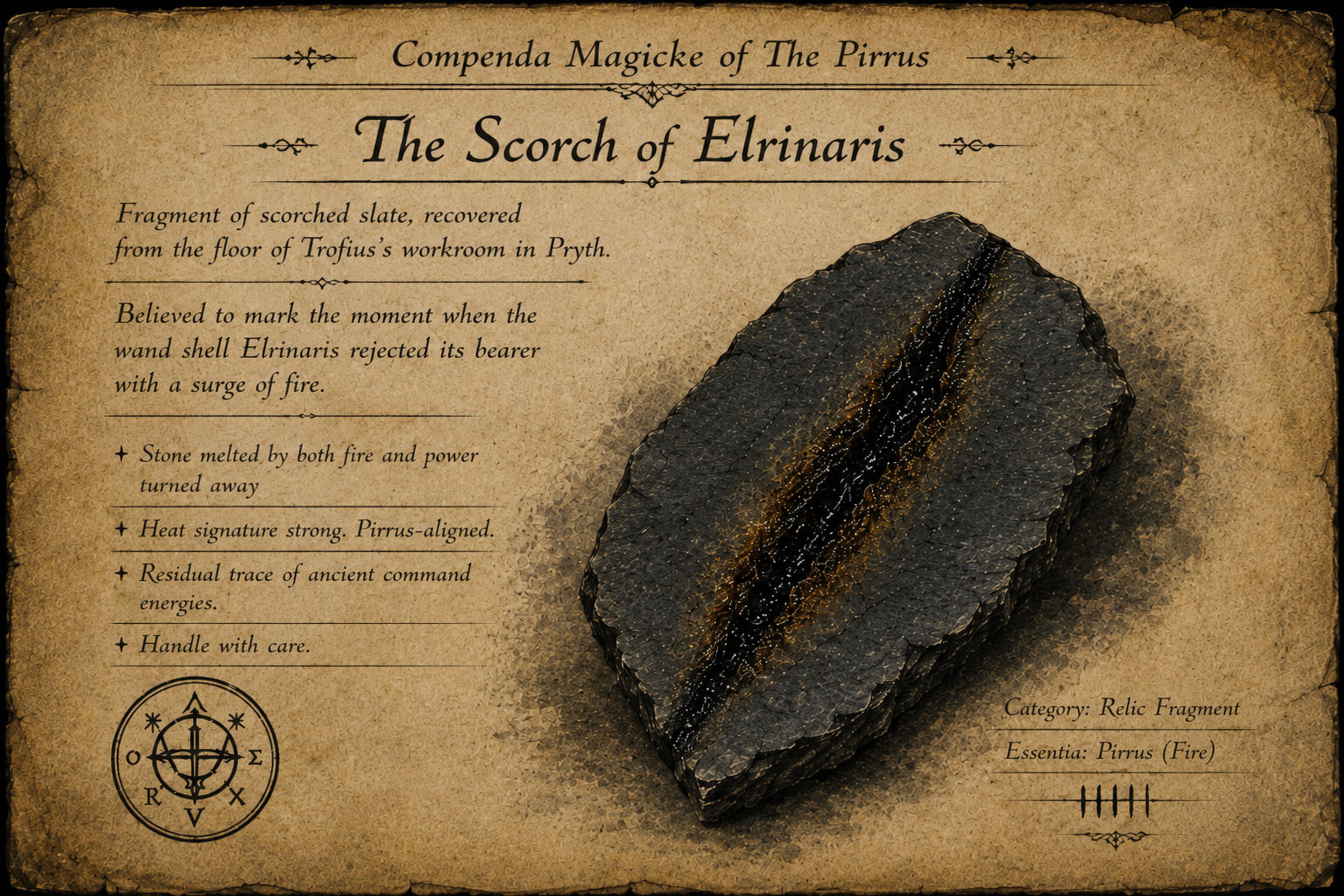 A facsimile relic card showing the scorched slate left by the wand Elrinaris in Tales from the Woldwood