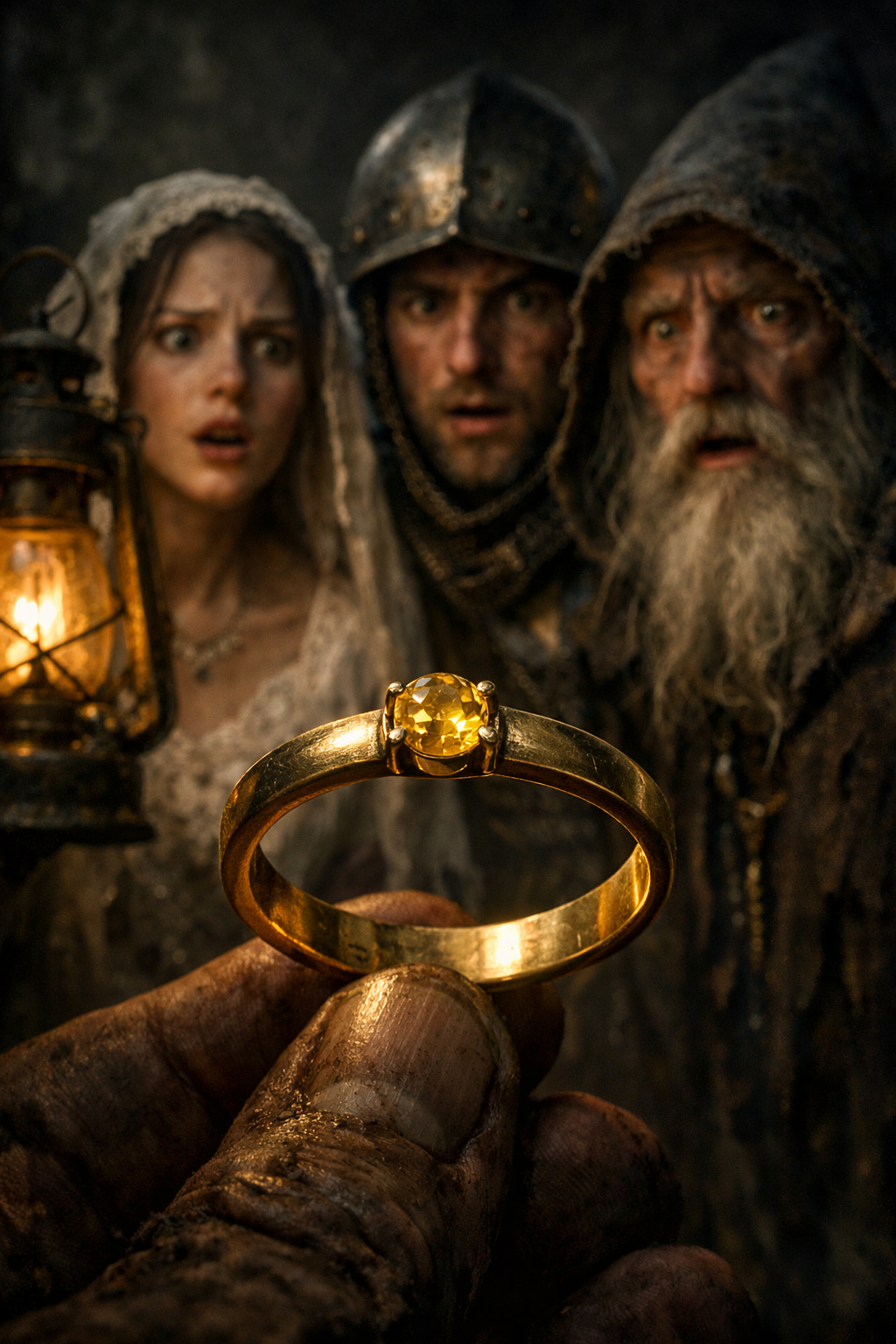 A grubby hand holding a plain gold ring with a yellow stone while three covetous figures look on