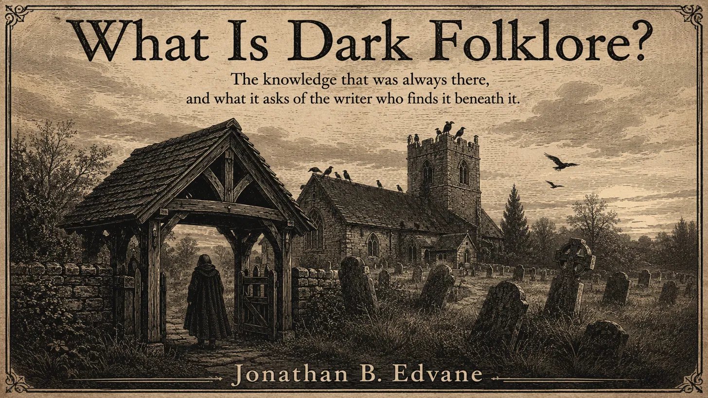 Victorian wood engraving style illustration of a rural English churchyard at dusk. A lychgate stands in the foreground with heavy dark timbers. A cloaked figure stands just inside the gate facing away toward a stone church beyond. Rooks gather on the church tower and roof. Weathered gravestones lean at angles among long grass. Title text reads What Is Dark Folklore, subtitle The knowledge that was always there, author name Jonathan B. Edvane at the bottom. Monochrome with sepia toning.