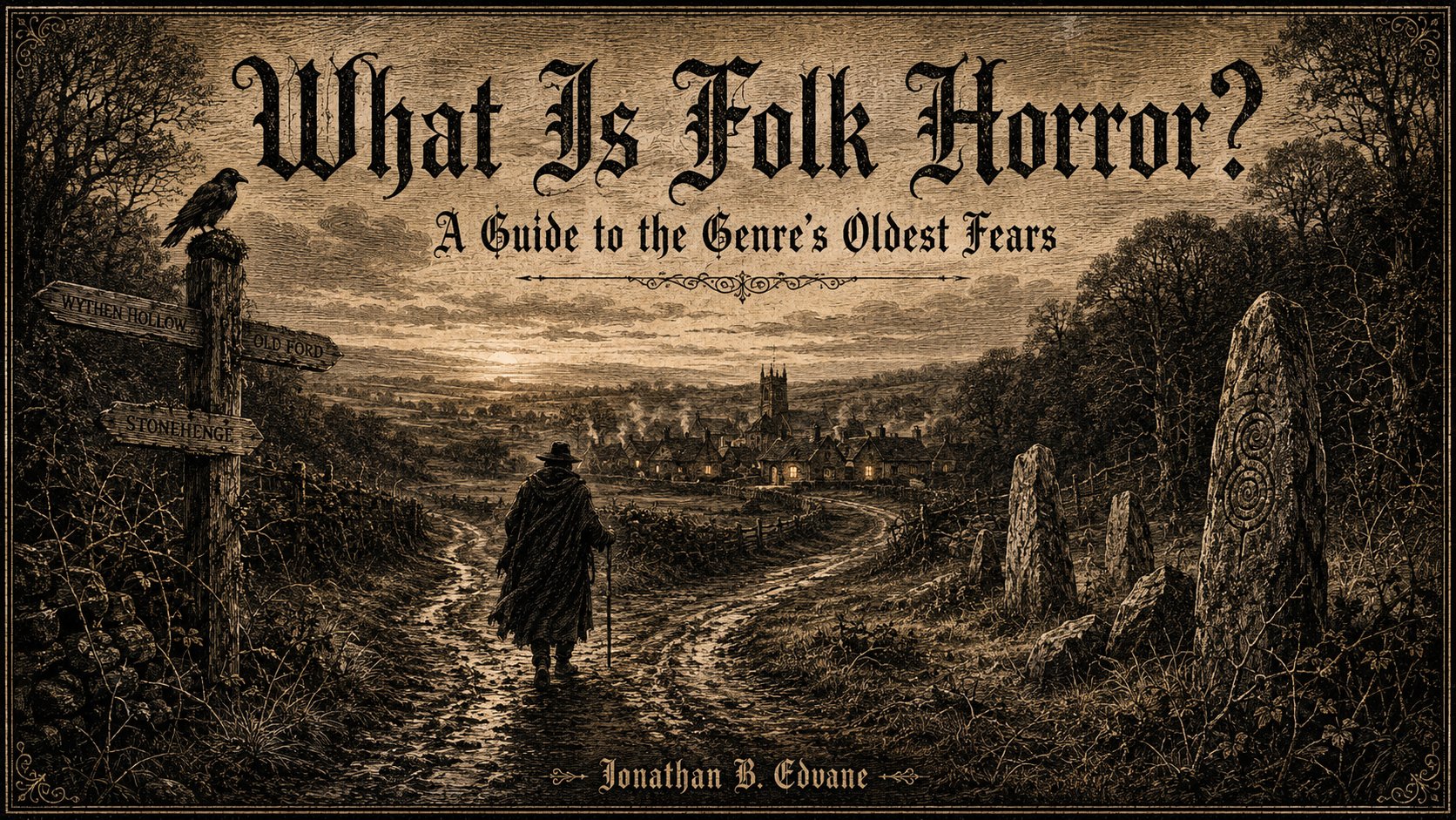 Victorian engraving style illustration of a rural English crossroads at dusk. A cloaked figure walks a muddy path toward a candlelit village in the distance. A crow perches on a weathered signpost to the left. Ancient standing stones rise to the right. Title text reads What Is Folk Horror, subtitle A Guide to the Genre's Oldest Fears, author name Jonathan B. Edvane at the bottom.