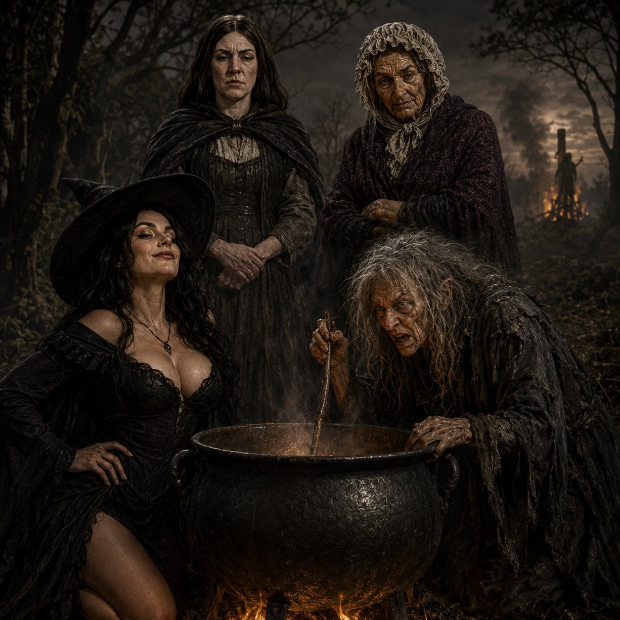Four depictions of witches around a cauldron, from seductress to hag, with a burning figure in the distance