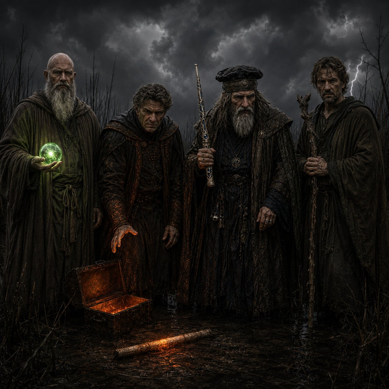 Four wizards in a dark fantasy landscape, each embodying a different tradition of magical authority