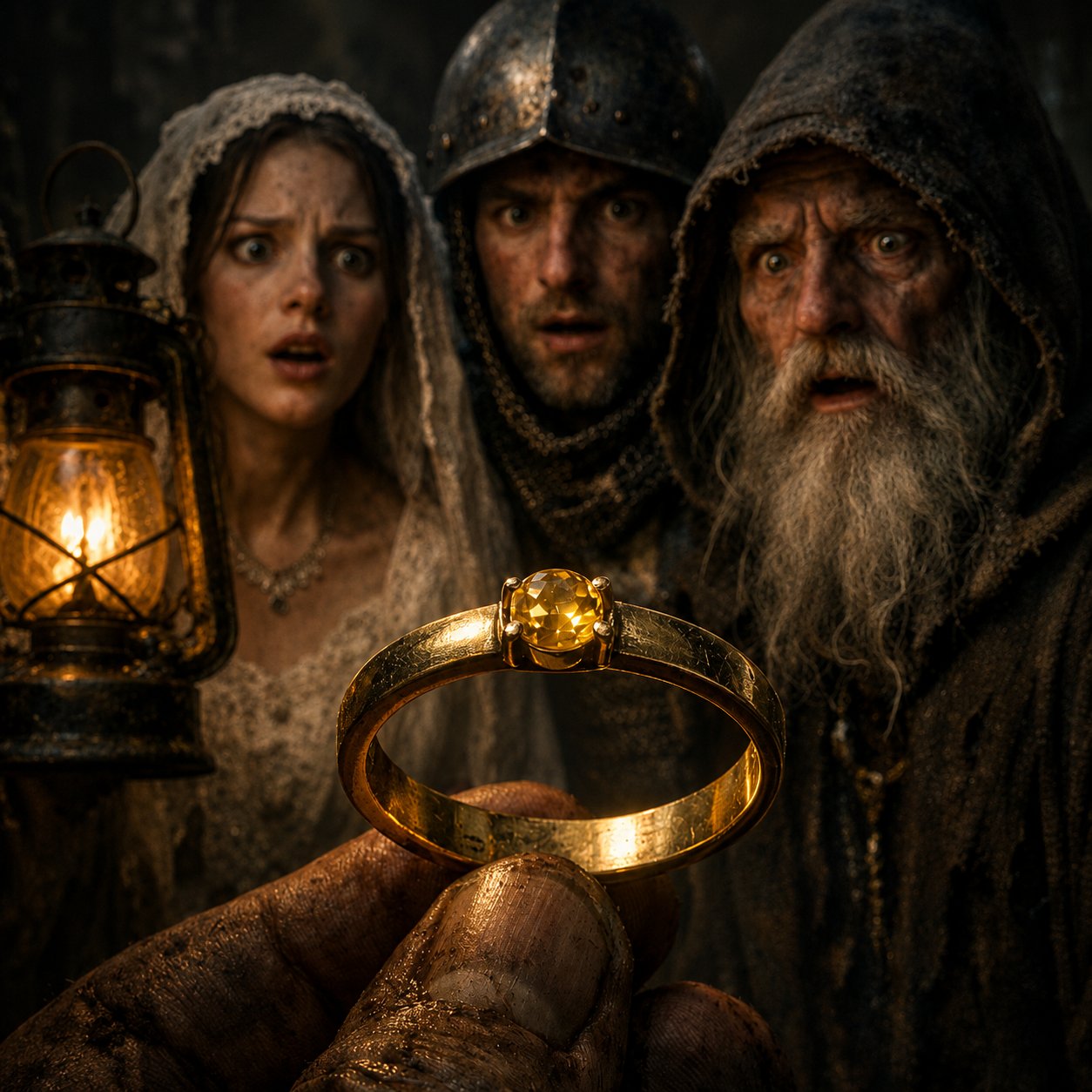 A mud-caked hand holds a plain gold ring with a yellow stone up to lamplight. Behind it three figures stare at the ring. A veiled woman carries a lantern. A soldier wears a mail coif. A hooded elder looks on. Each expression sits somewhere between recognition and alarm.